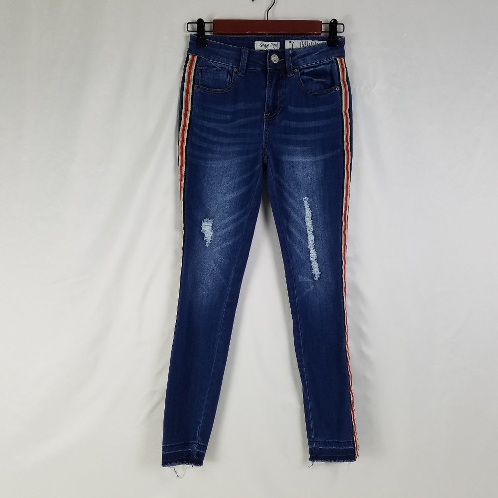 Indigo Rein‎ Jeans Juniors 1 Mid Rise Ankle Distressed Stripe Accent Blue Denim